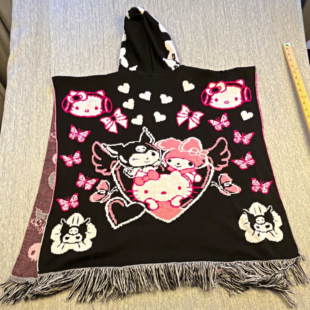Sanrio Hello Kitty Kuromi Woven Poncho Hoodie Gaban Fringed Mexico Kawaii OS